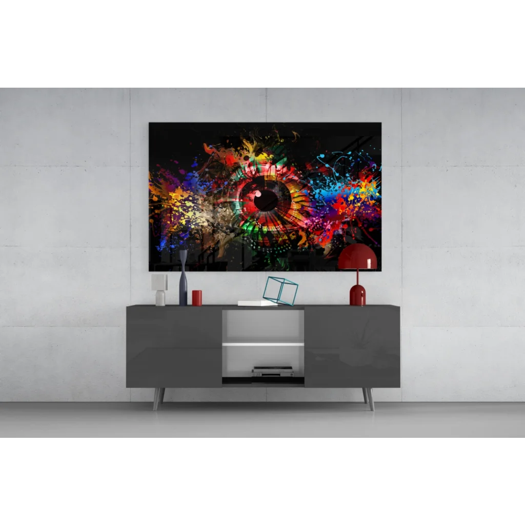 Vibrant explosive rainbow eye wall art on black canvas