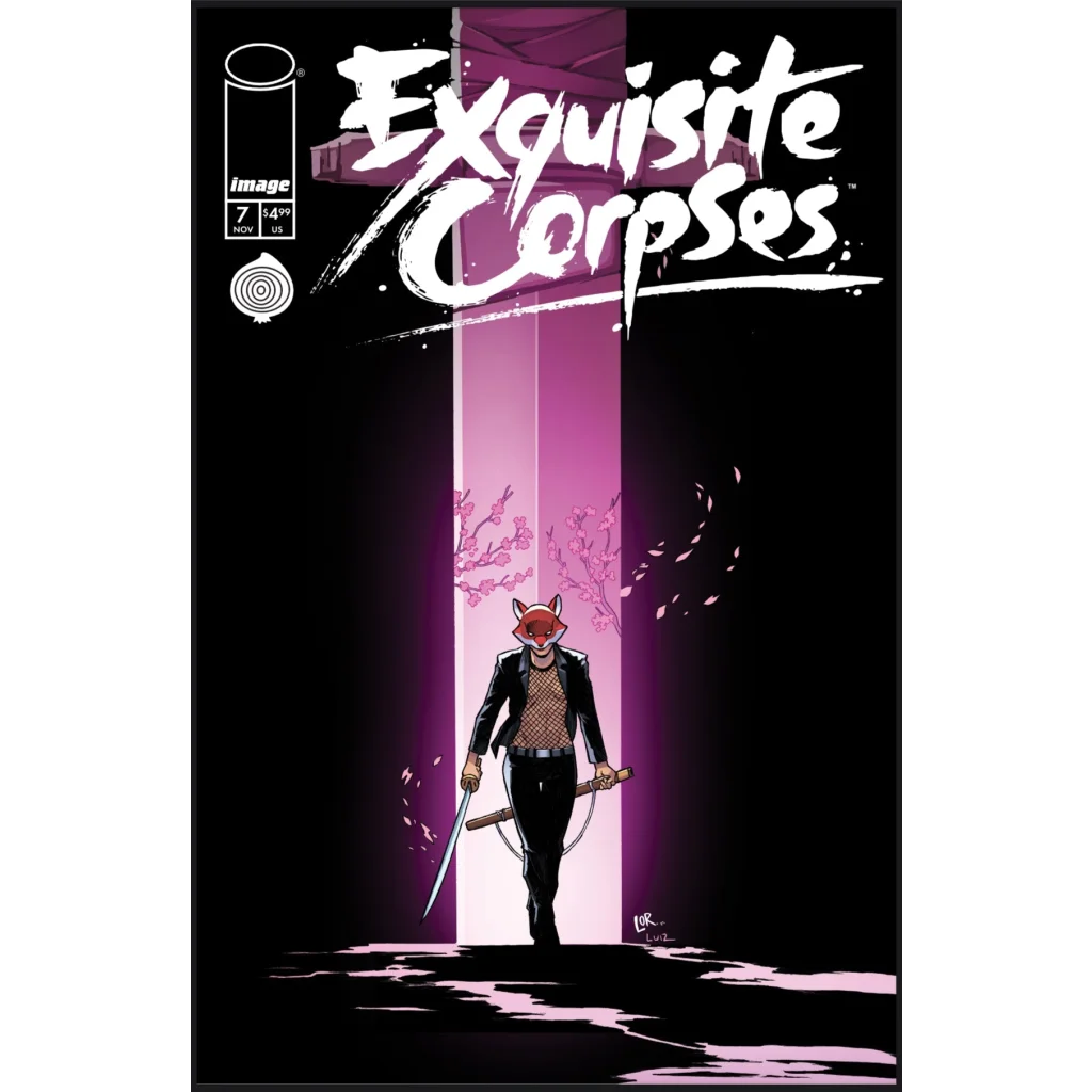 Exquisite Corpses Issue 7 cover by Michael Walsh and James Tynion: fox-headed character in black before pink beam with cherry blossoms