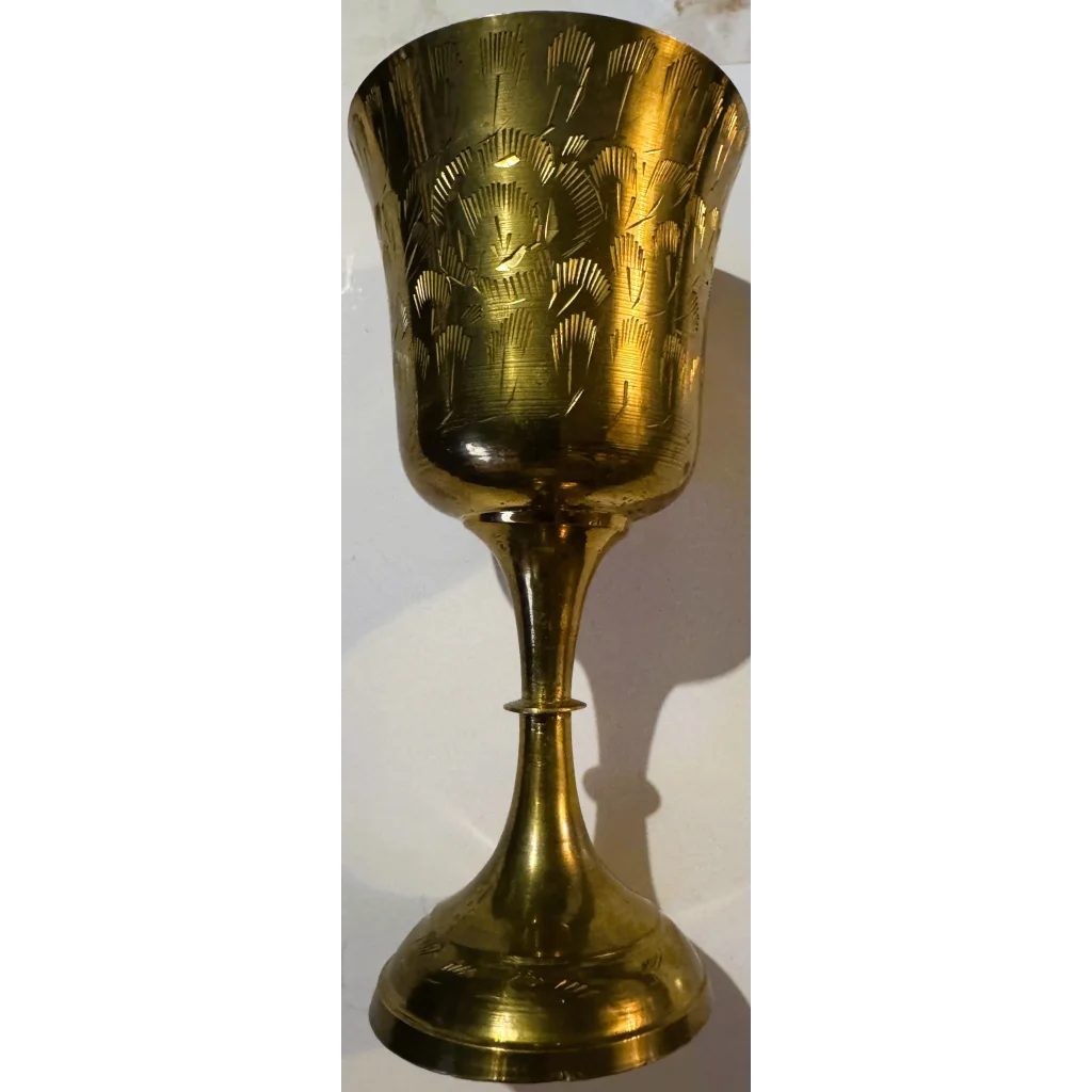 Engraved golden brass chalice with floral designs, Middle Eastern style for your collection