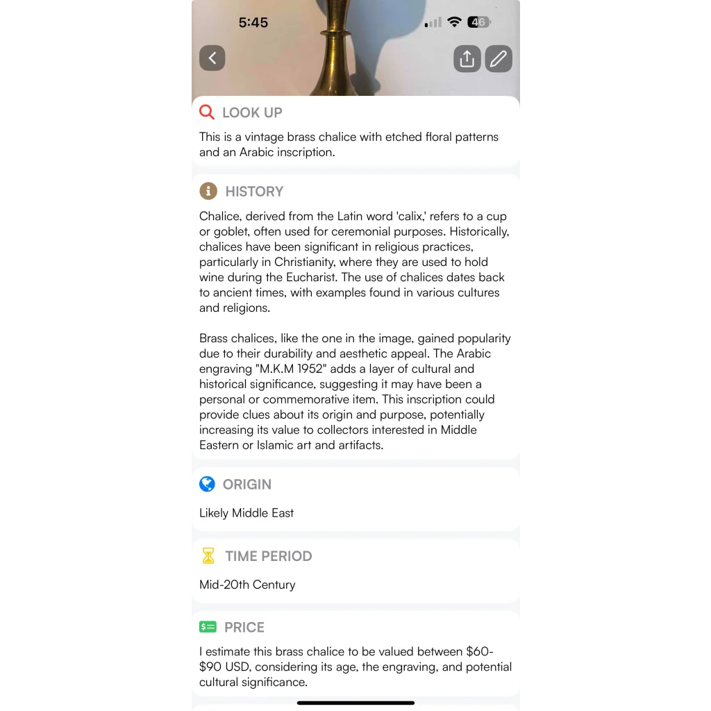 Vintage Middle Eastern brass chalice with floral engravings and Arabic inscription