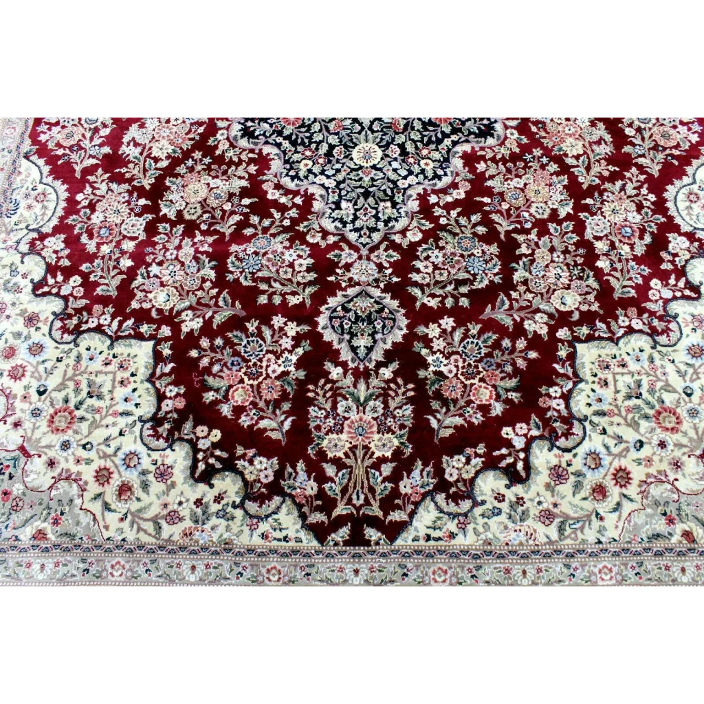 Exquisite mint Peshawar oriental wool rug with rich burgundy floral patterns