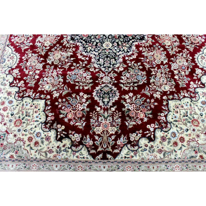 Exquisite mint Peshawar oriental wool rug with rich burgundy floral patterns