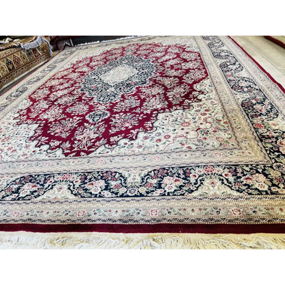 Exquisite mint Peshawar oriental wool rug with red cream floral patterns