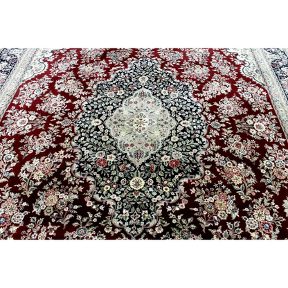 Exquisite mint Peshawar oriental wool rug with rich burgundy floral patterns