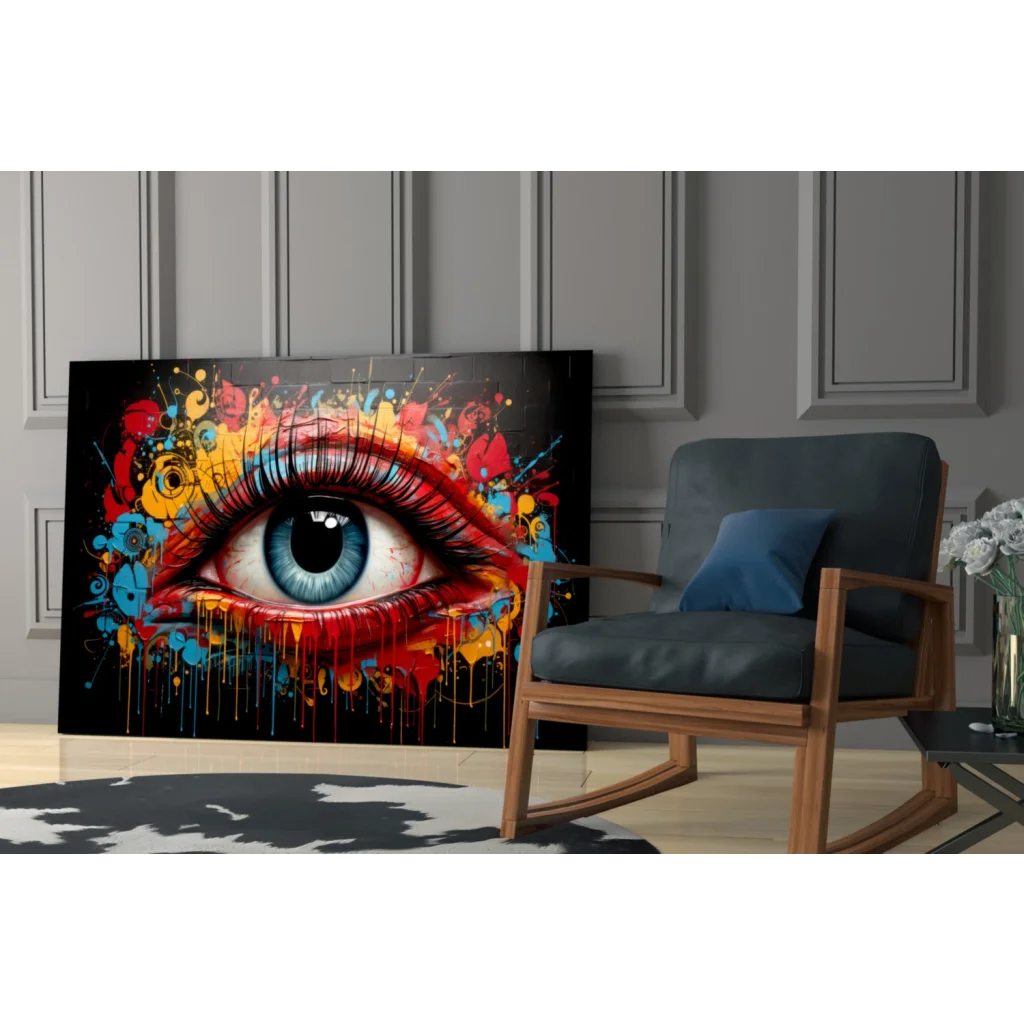 Vibrant explosive pop art eye on glass wall art with red blue yellow graffiti splatters