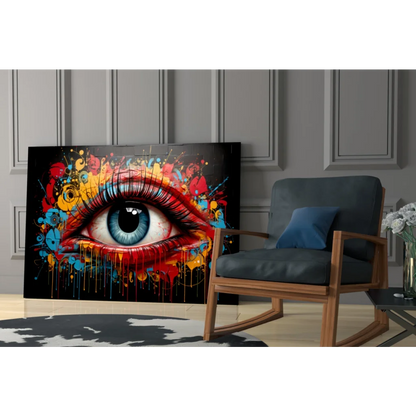 Vibrant explosive pop art eye on glass wall art with red blue yellow graffiti splatters