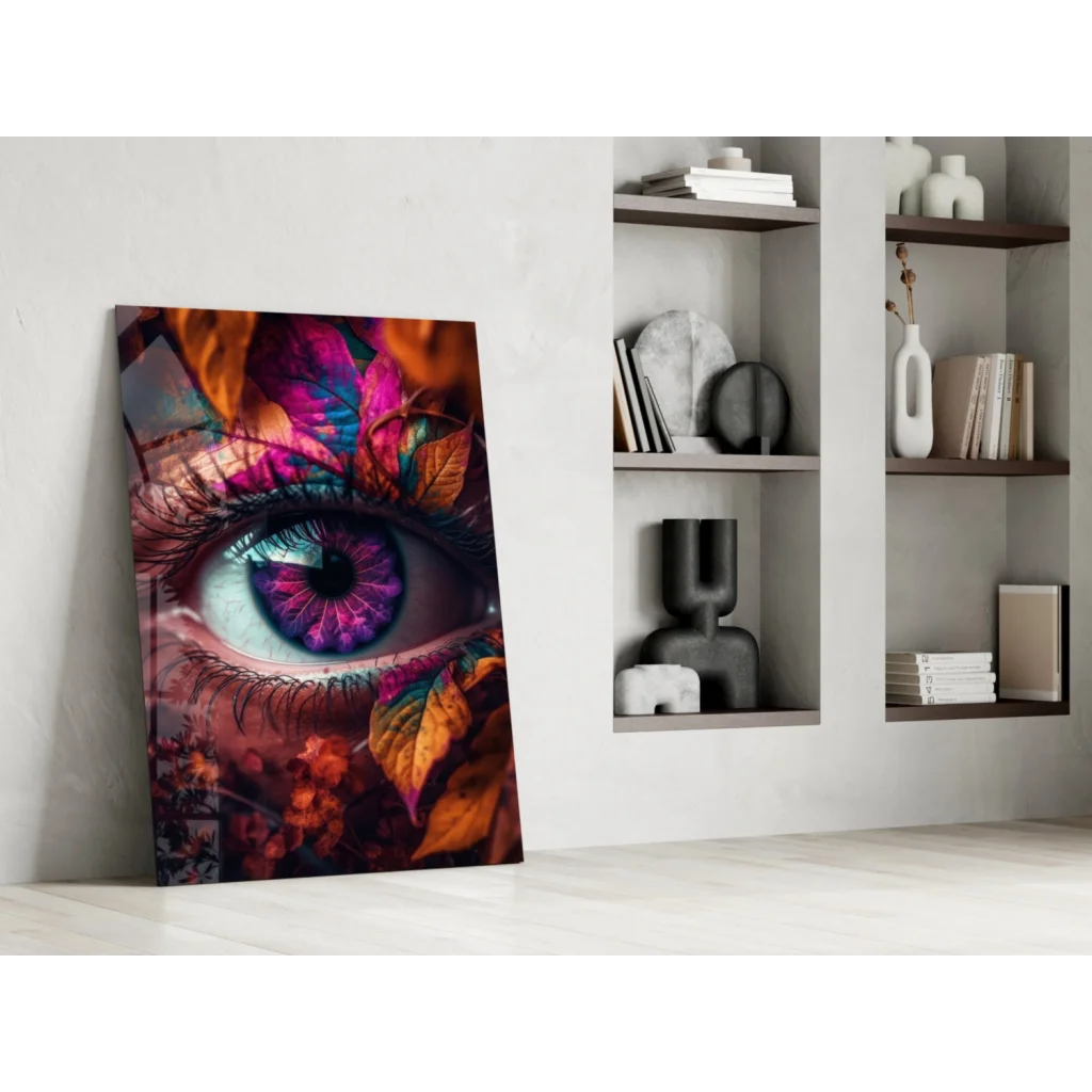 Mesmerizing eye glass wall art with purple teal iris and autumn leaves