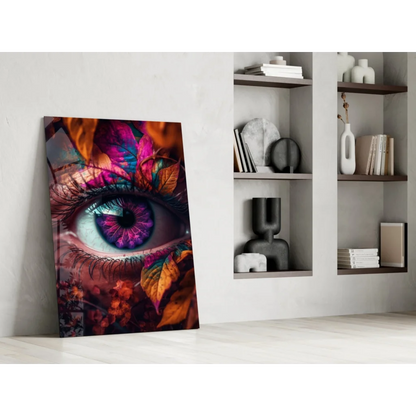 Mesmerizing eye glass wall art with purple teal iris and autumn leaves