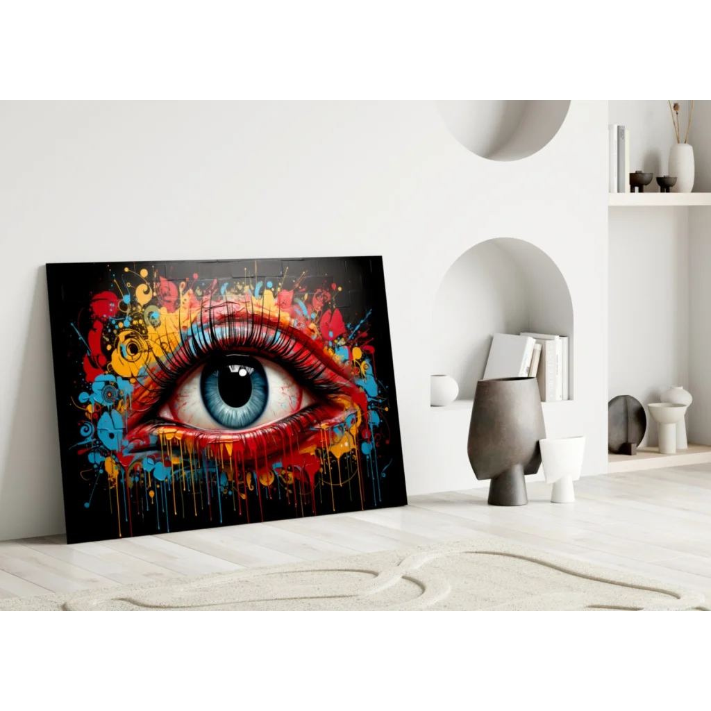 Vibrant explosive pop art eye glass wall art with red lips and graffiti vibes