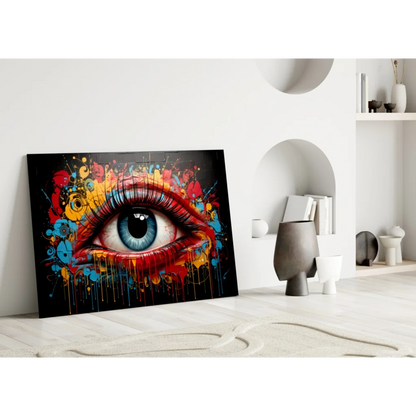 Vibrant explosive pop art eye glass wall art with red lips and graffiti vibes