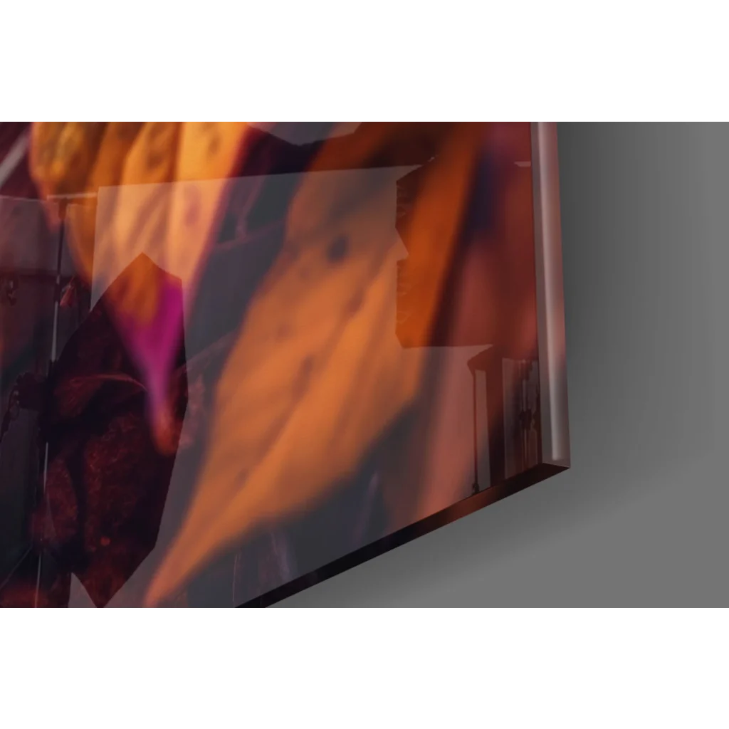 Sleek glass wall art with autumn leaves in orange purple hues