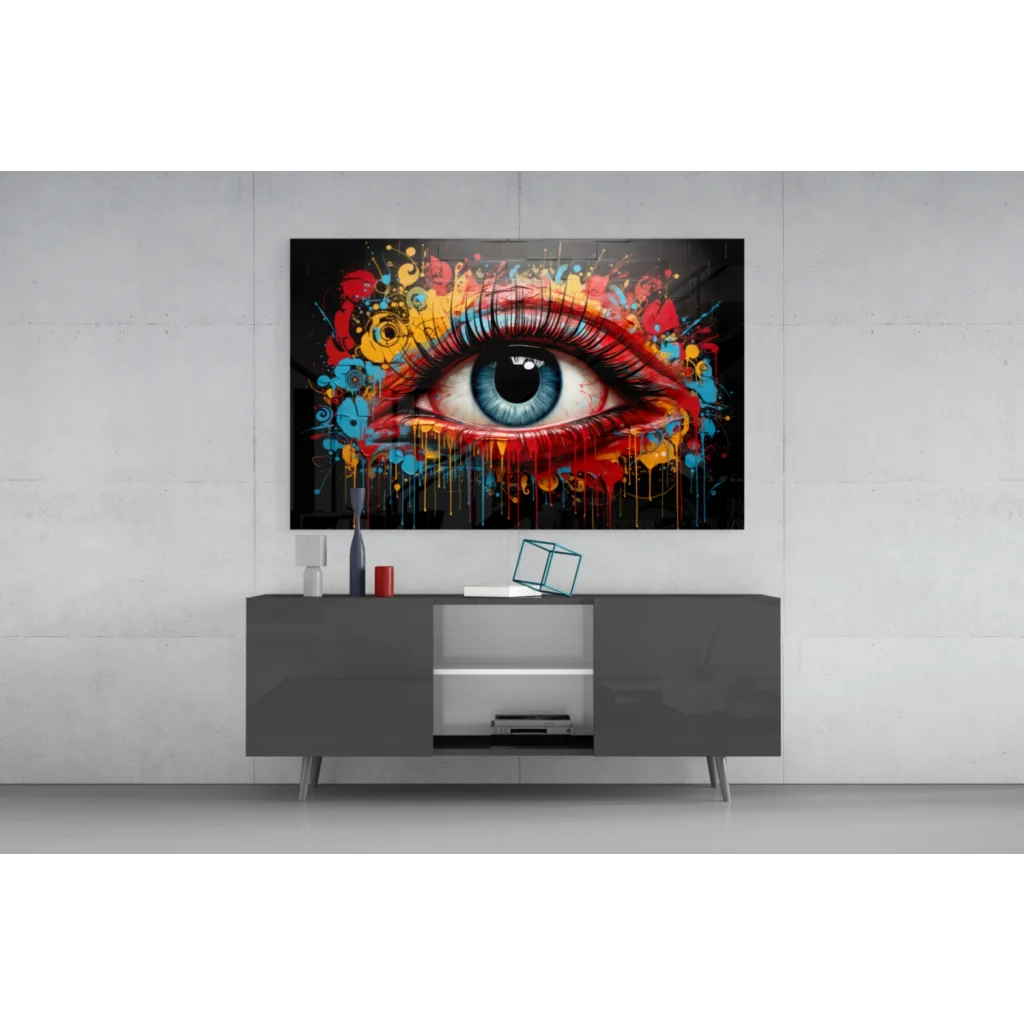 Vibrant explosive pop art eye on glass wall art with graffiti vibes