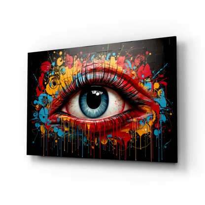 Vibrant graffiti eye glass wall art with red lips and paint splatters