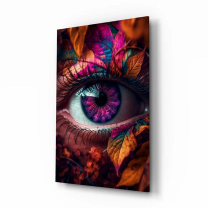Vibrant abstract eye glass wall art with purple iris and autumn leaves