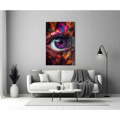 Vibrant abstract eye glass wall art with swirling purple hues and autumn leaves