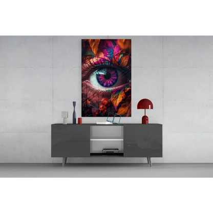 Mesmerizing eye glass wall art with swirling purple iris and fiery autumn leaves