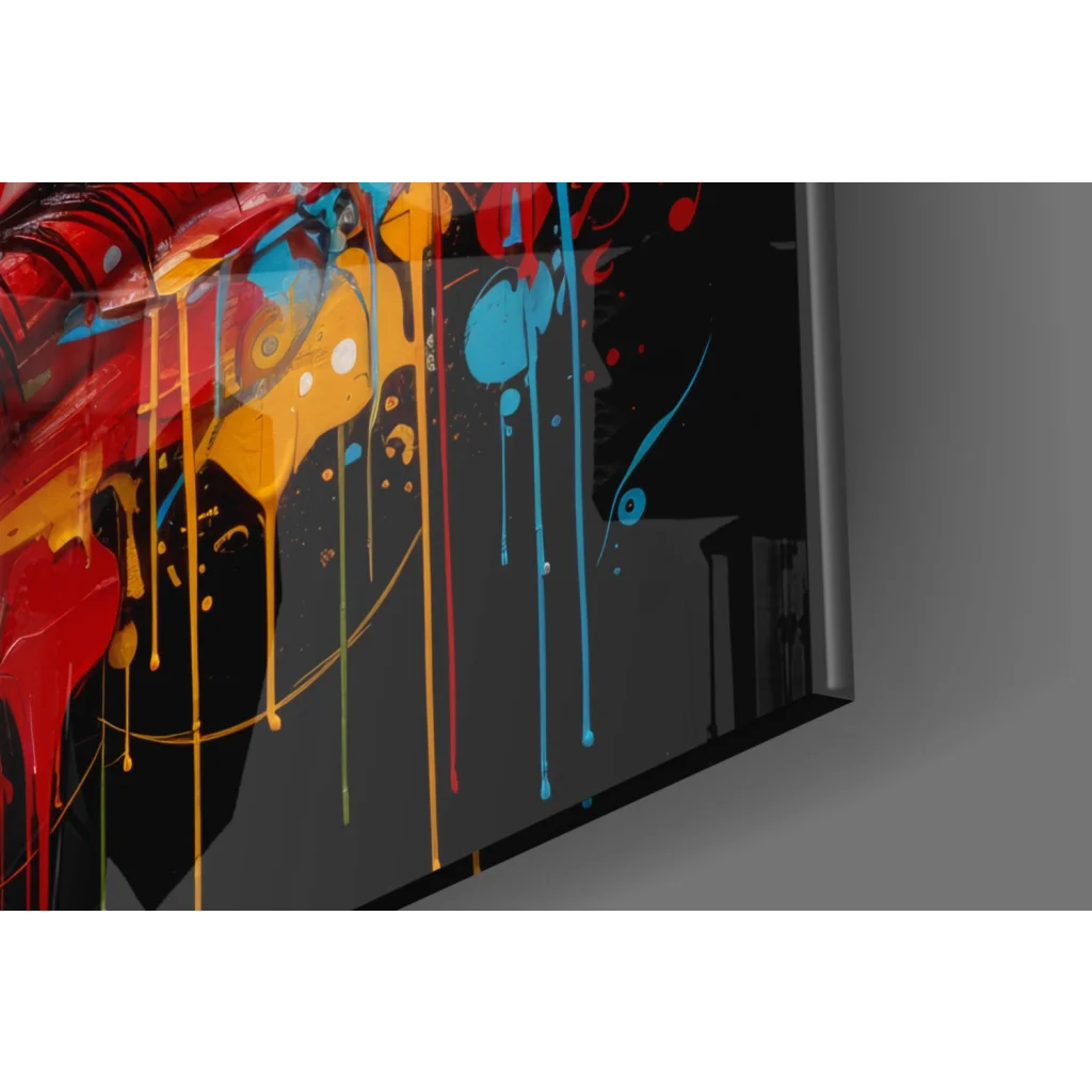 Vibrant explosive pop art glass wall art with red blue yellow splatters on black