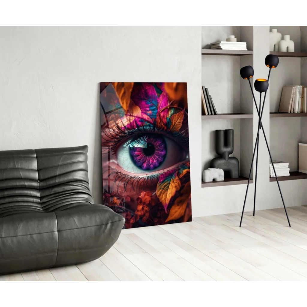 Vibrant turquoise eye glass wall art with swirling purple hues and autumn leaves