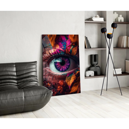 Vibrant turquoise eye glass wall art with swirling purple hues and autumn leaves
