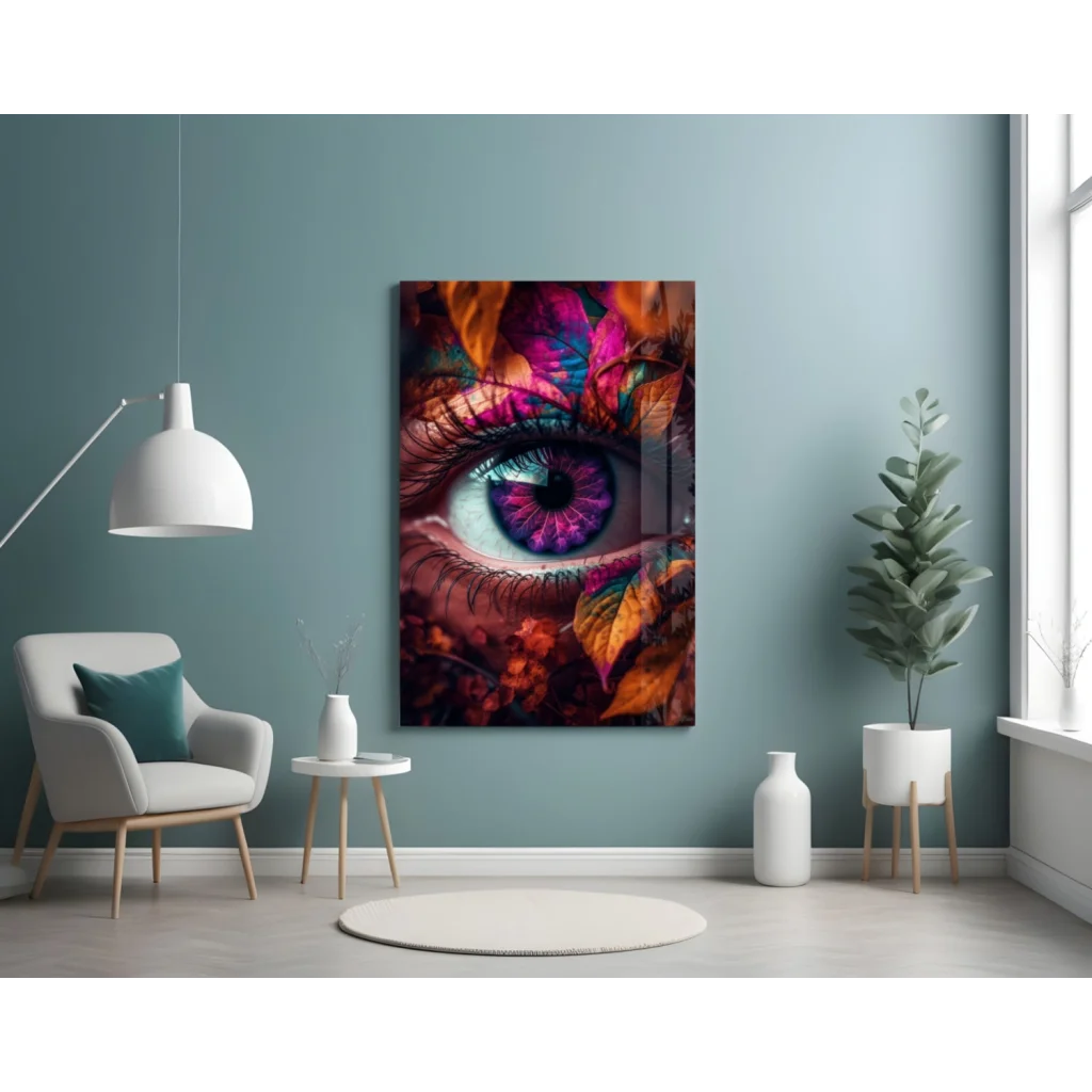 Vibrant abstract eye glass wall art with swirling purple hues and autumn leaves on teal wall