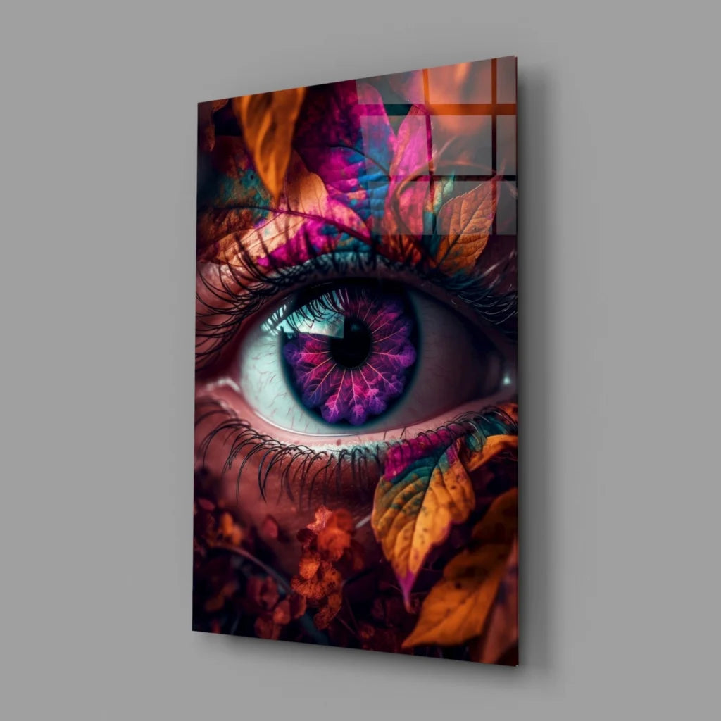 Mesmerizing eye glass wall art with purple iris and autumn leaves