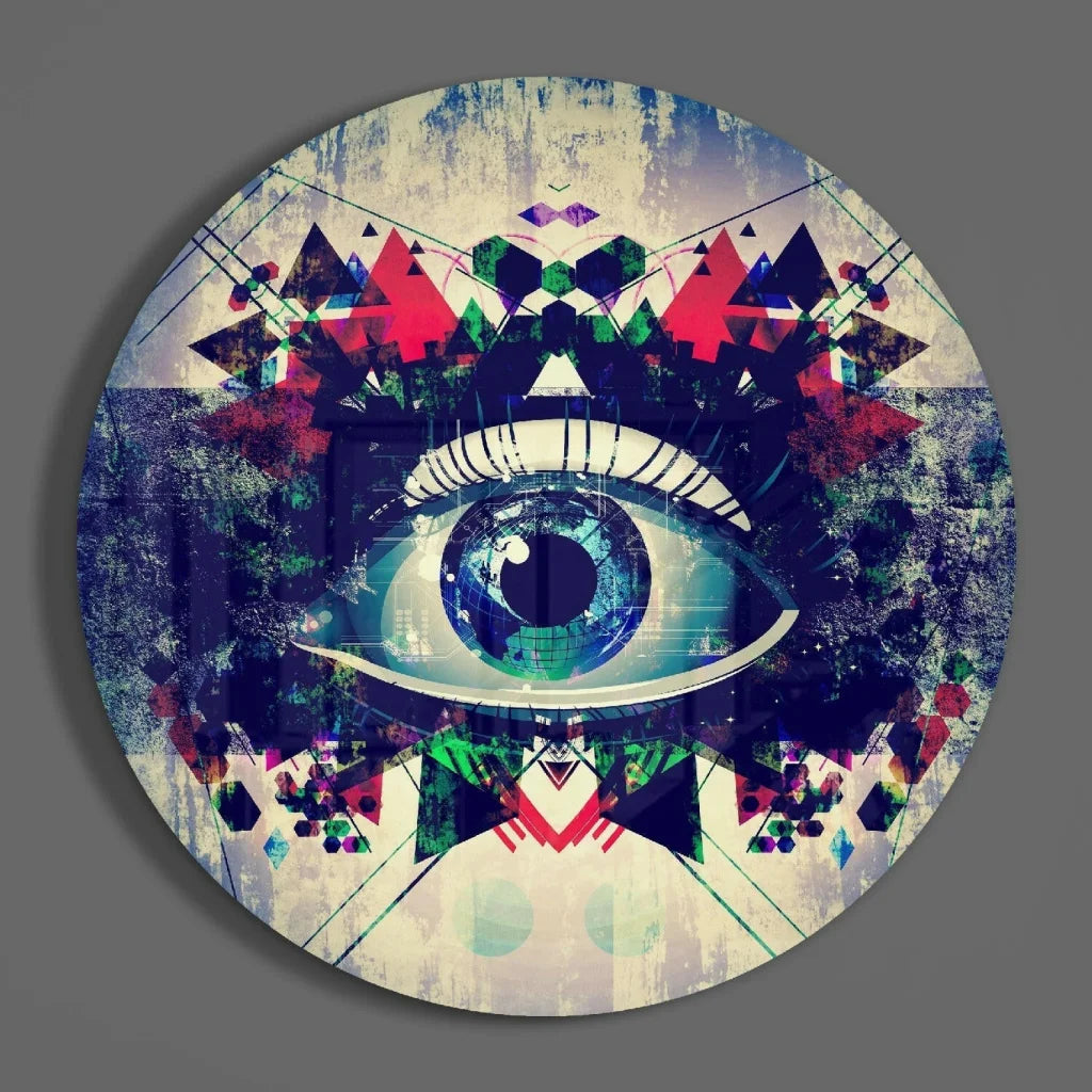 Mesmerizing eye tempered glass art with vibrant blue iris and bold geometric patterns