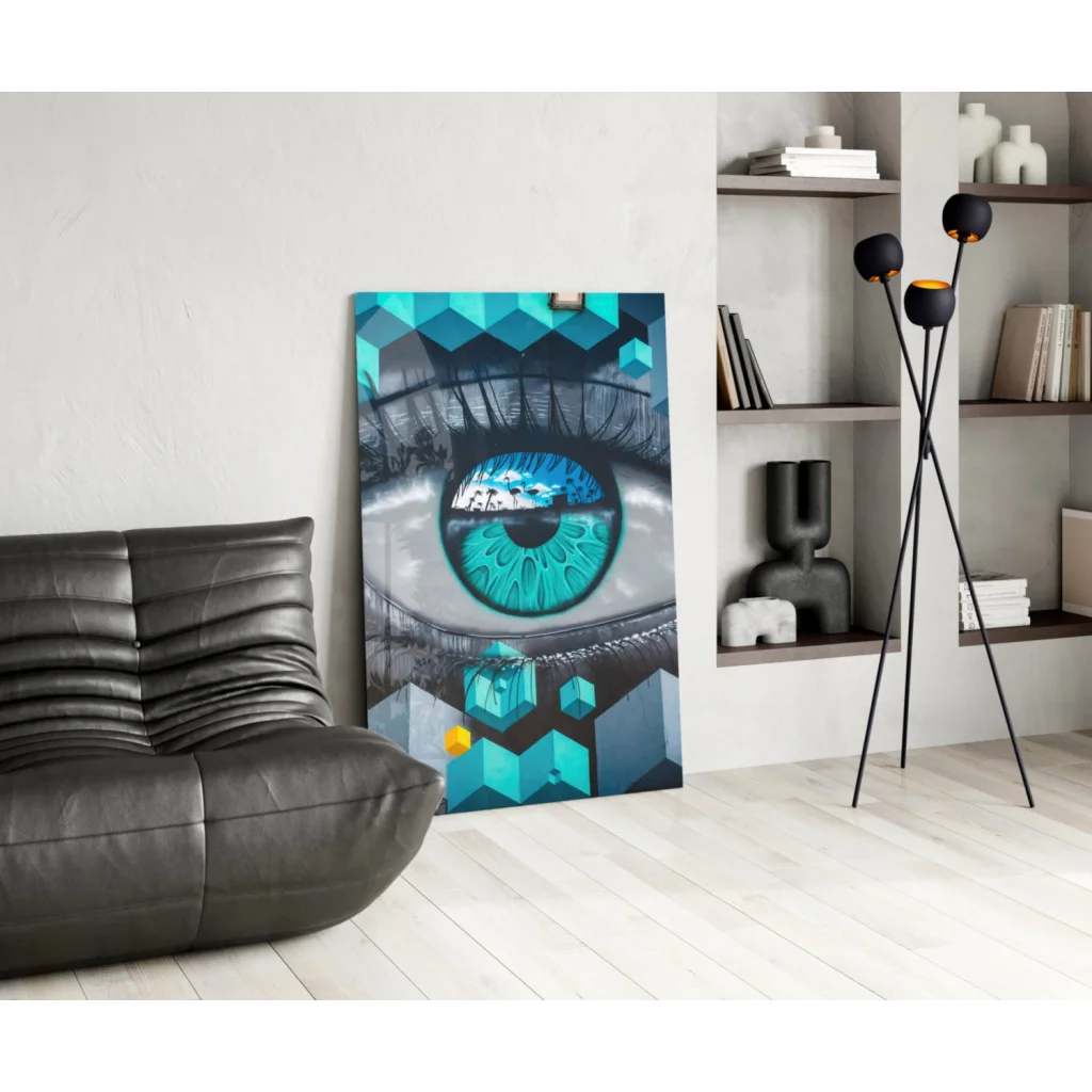 Striking teal black geometric eye glass wall art print