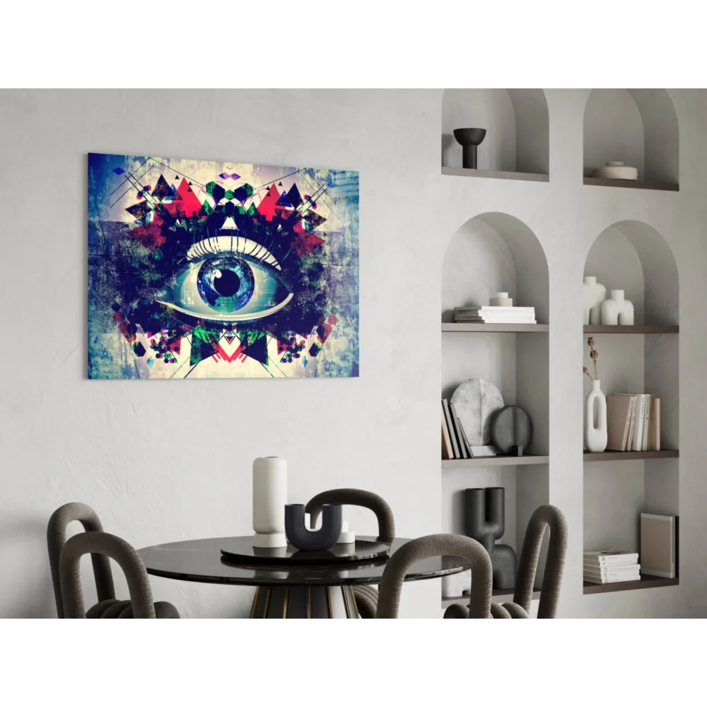 Vibrant geometric eye abstract canvas wall art print on white wall