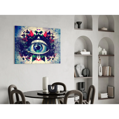 Vibrant geometric eye abstract canvas wall art print on white wall