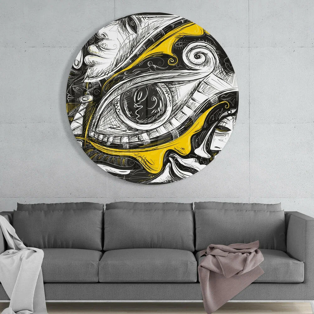 Surreal Eye Tempered Glass Art with Bold Yellow Swirls | Glass Wall Art Print | vintageantiquesgifts.com