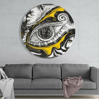 Surreal Eye Tempered Glass Art with Bold Yellow Swirls | Glass Wall Art Print | vintageantiquesgifts.com