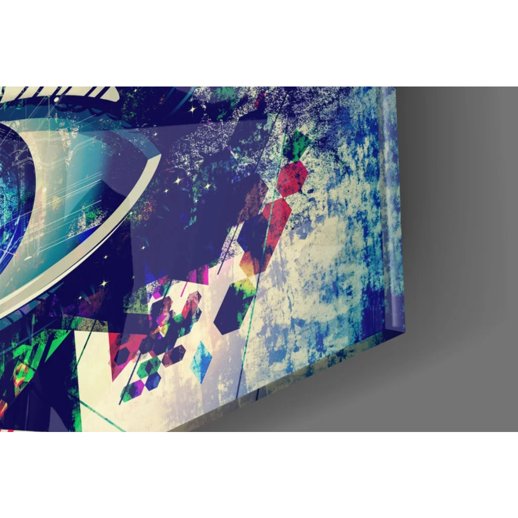 Vibrant geometric eye abstract canvas wall art print with cosmic shapes