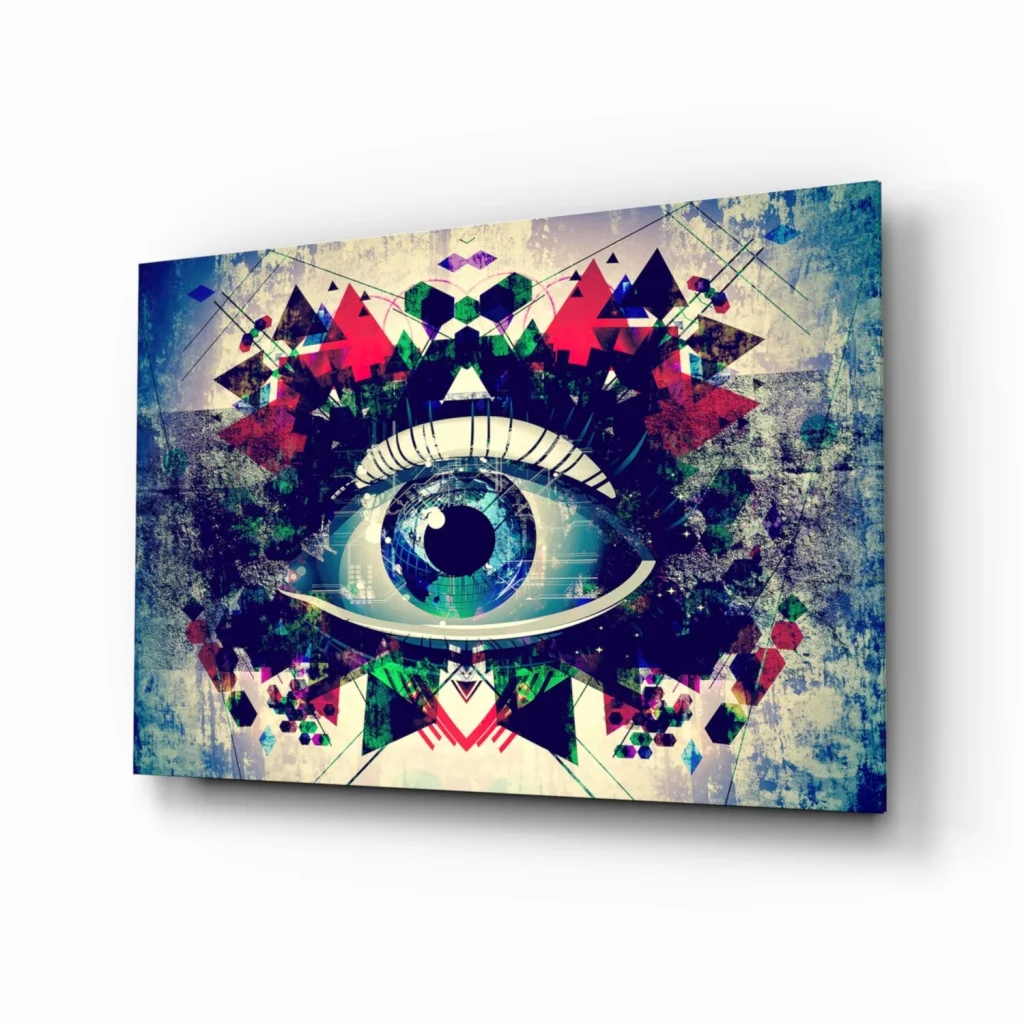 Vibrant geometric eye wall art canvas print in blue green teal
