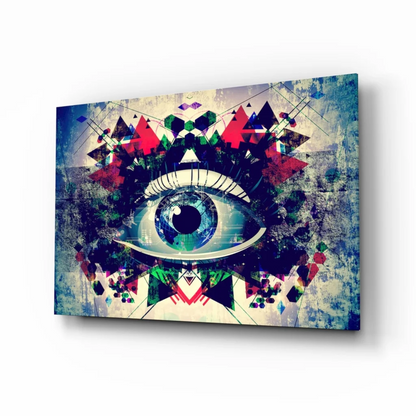 Vibrant geometric eye wall art canvas print in blue green teal