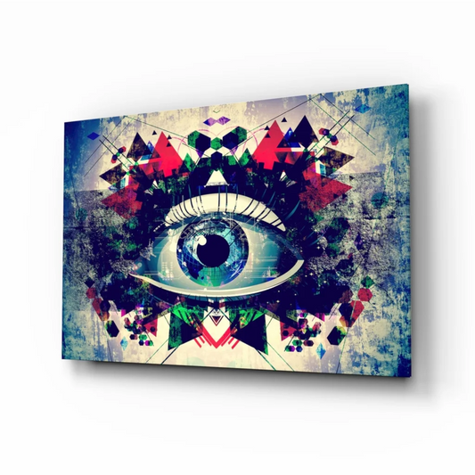 Vibrant geometric eye wall art canvas print in blue green teal