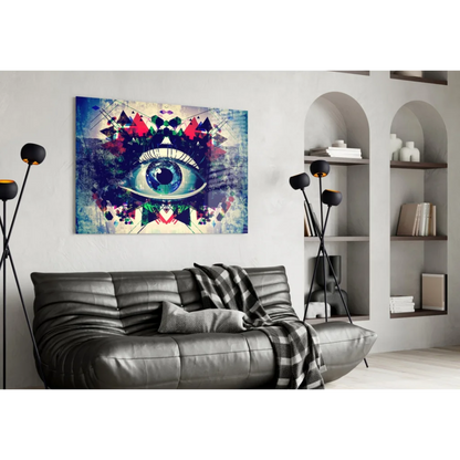 Vibrant geometric eye wall art canvas with blue iris and red green patterns above black sofa