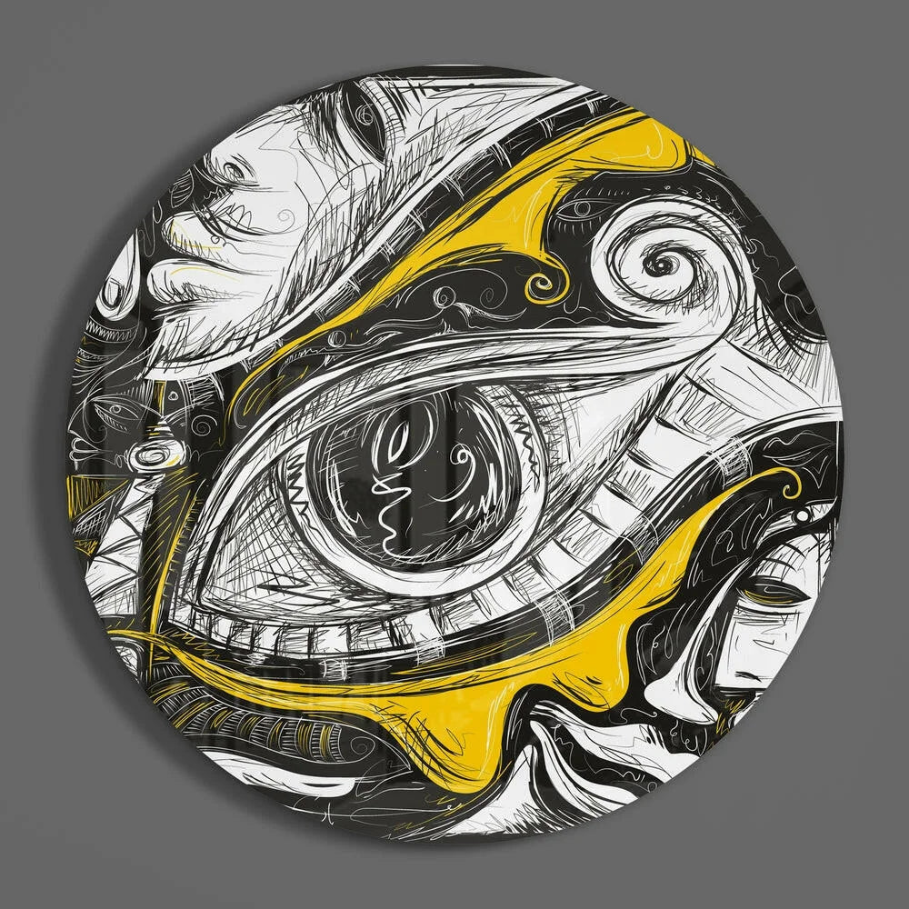 Surreal Eye Tempered Glass Art with Bold Yellow Swirls | Modern Wall Art Decor | vintageantiquesgifts.com