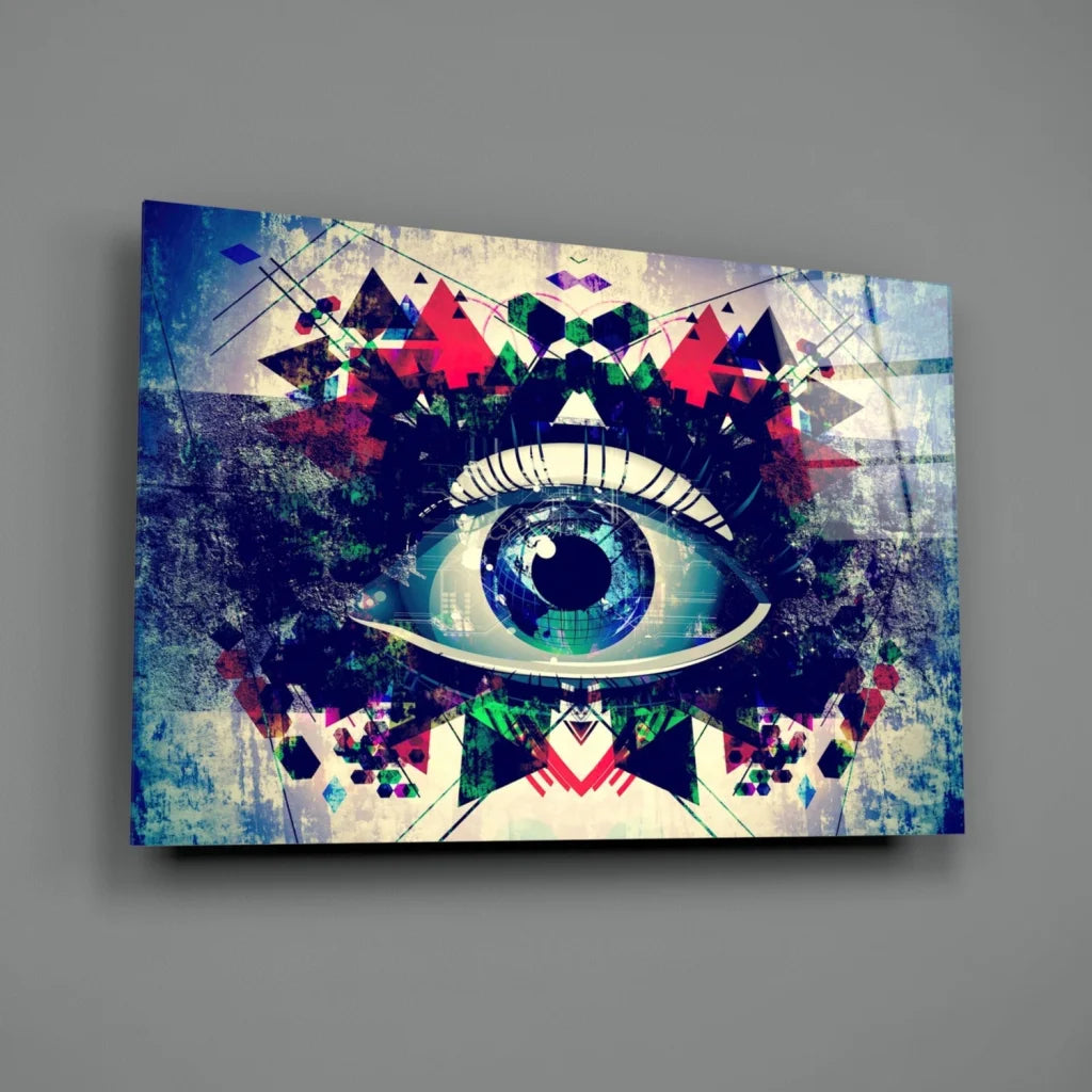 Vibrant geometric eye abstract wall art canvas print in blue, green, red