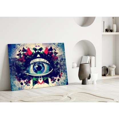 Vibrant geometric eye abstract canvas wall art print in blue, red, green, black