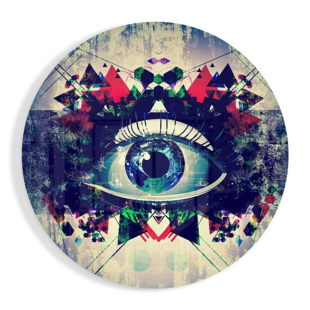 Mesmerizing eye tempered glass art with bold geometric patterns