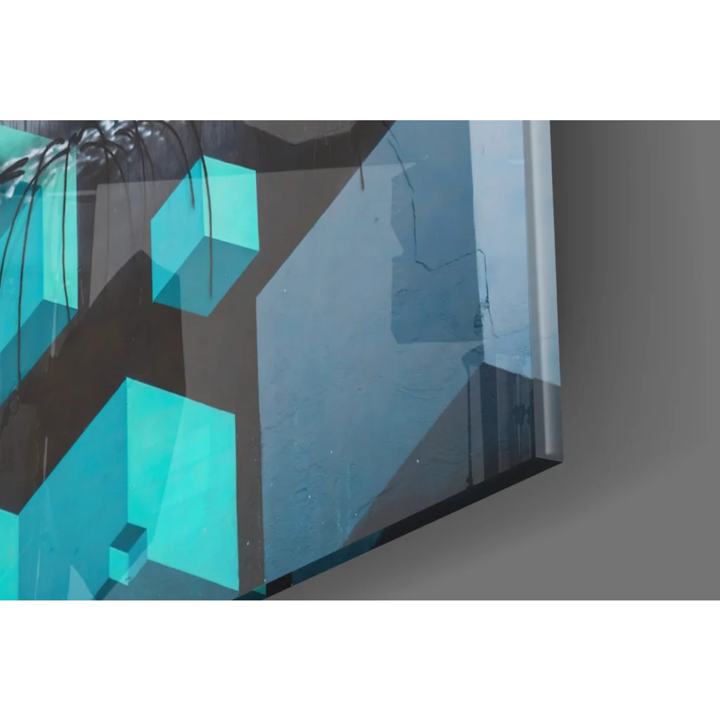 Modern turquoise glass wall art with translucent cubes on blue-gray backdrop