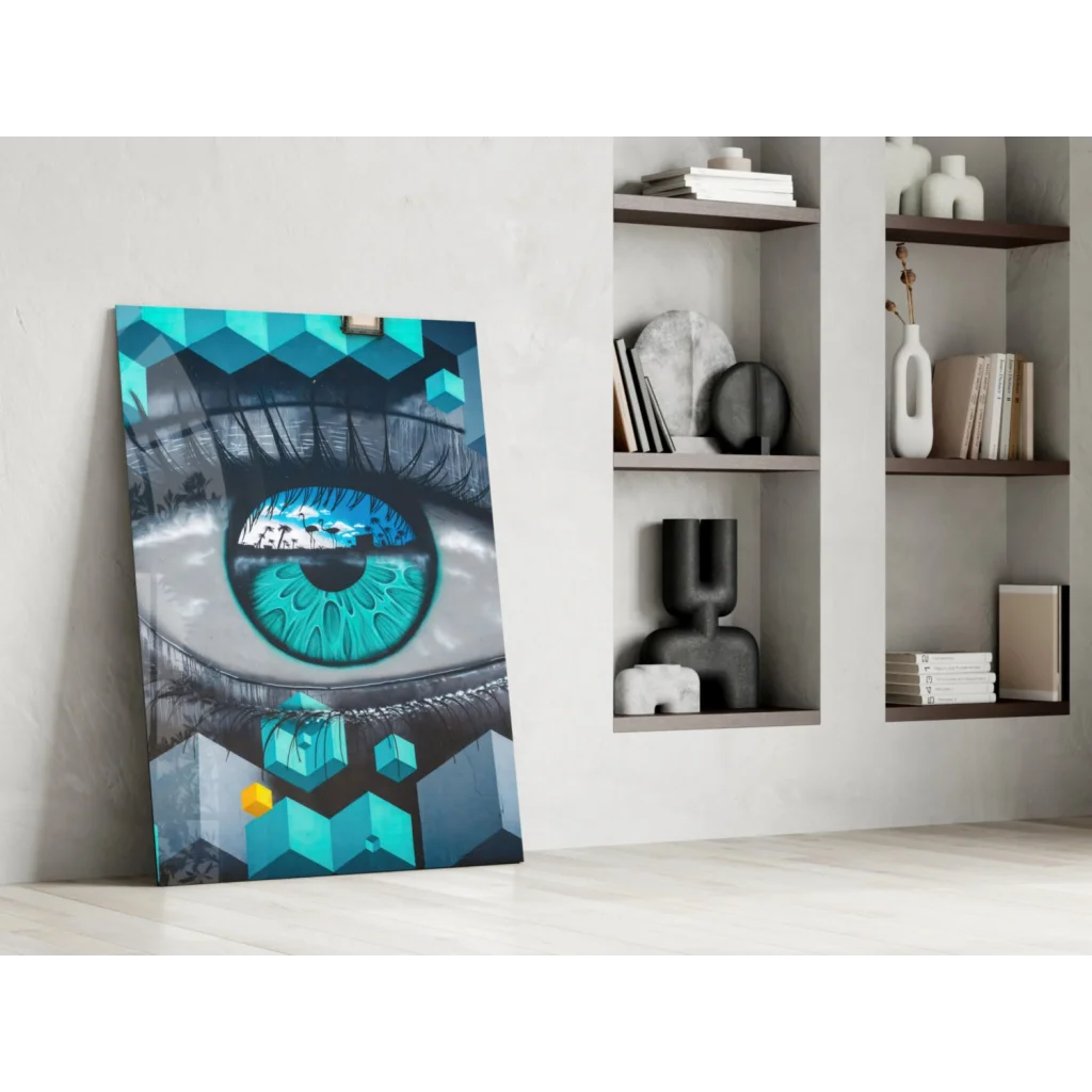 Stylized eye glass wall art print in teal and blue on monochrome background