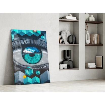 Stylized eye glass wall art print in teal and blue on monochrome background