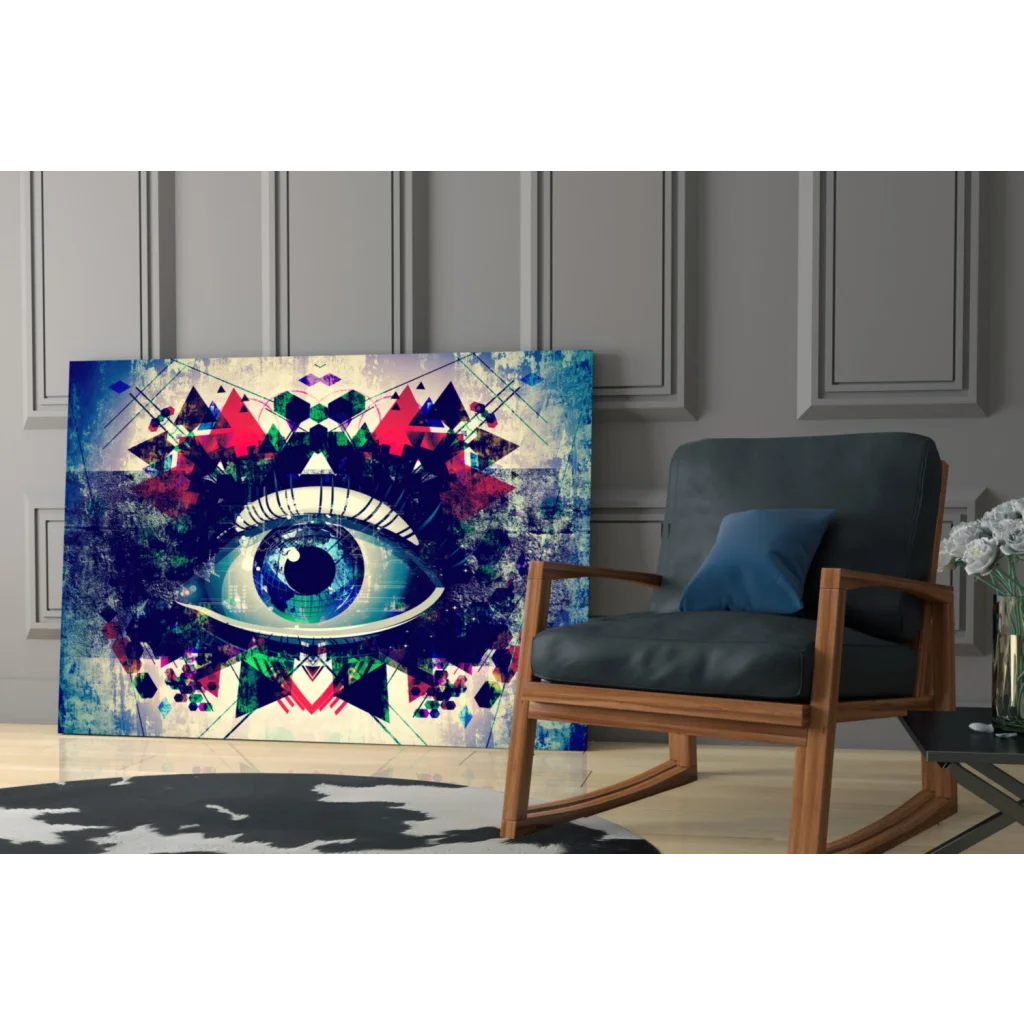 Vibrant geometric eye abstract wall art print with blue eye and patterns