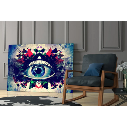 Vibrant geometric eye abstract wall art print with blue eye and patterns