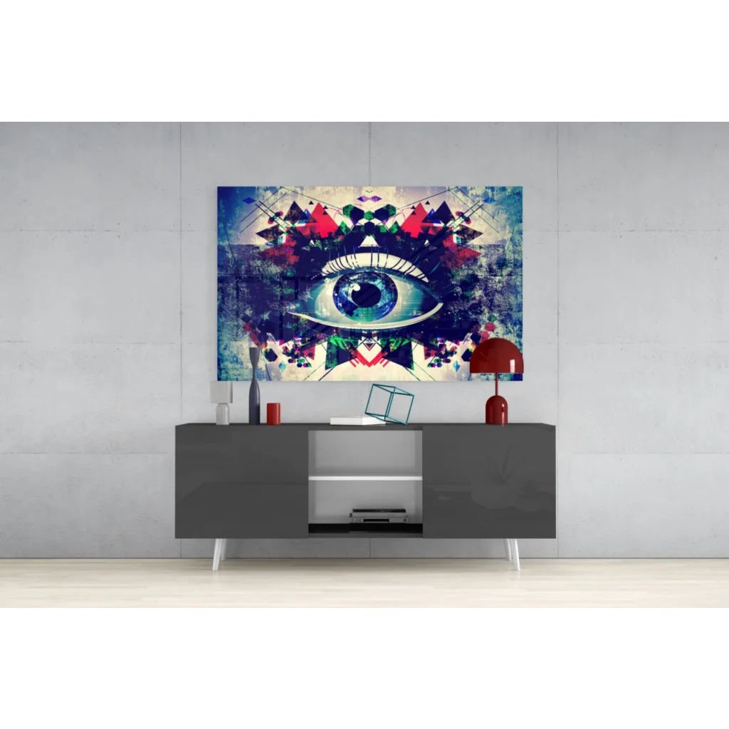 Vibrant geometric eye abstract wall art canvas with bold blue iris