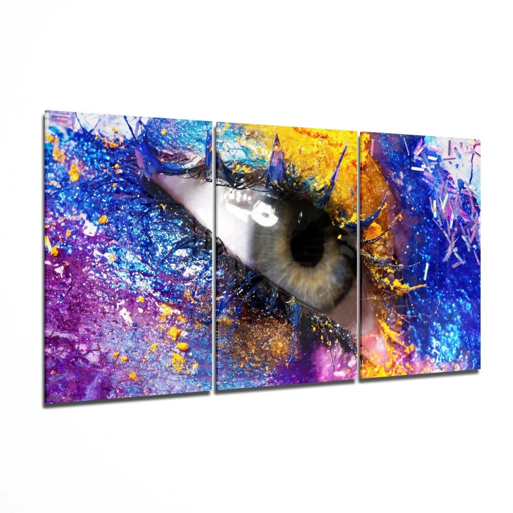 Vibrant eye abstract triptych canvas wall art in green, brown, blue hues