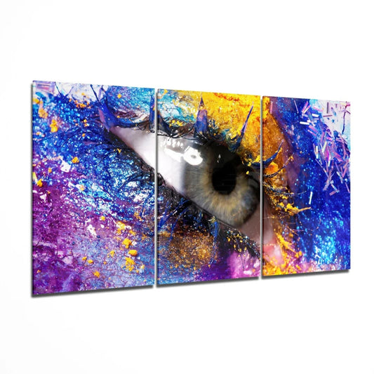 Vibrant eye abstract triptych canvas wall art in green, brown, blue hues