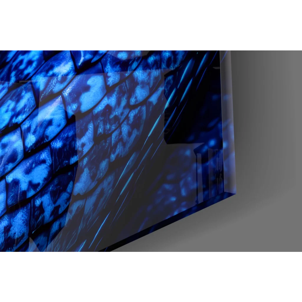 Vibrant blue dragon-scale on sleek TV in stunning glass wall art with golden eye