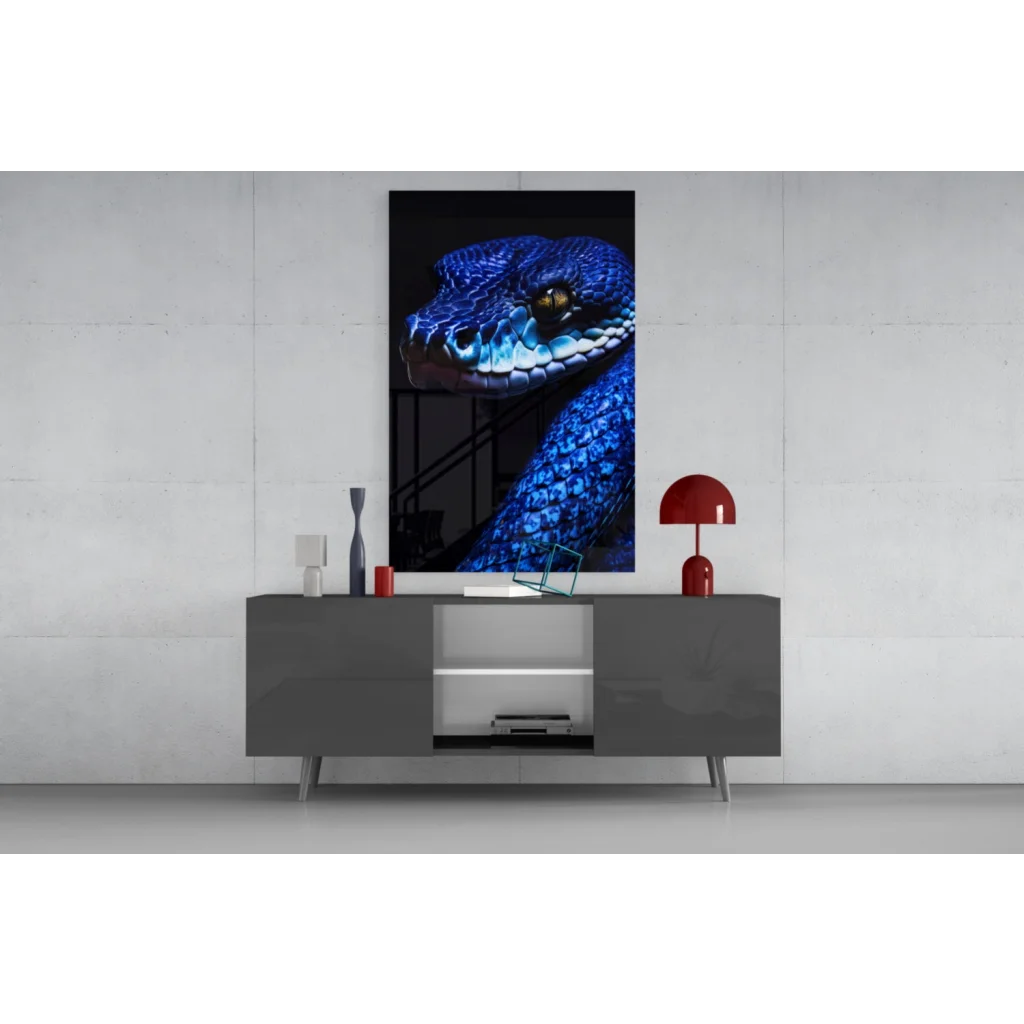 Stunning blue snake glass wall art with golden eyes on canvas